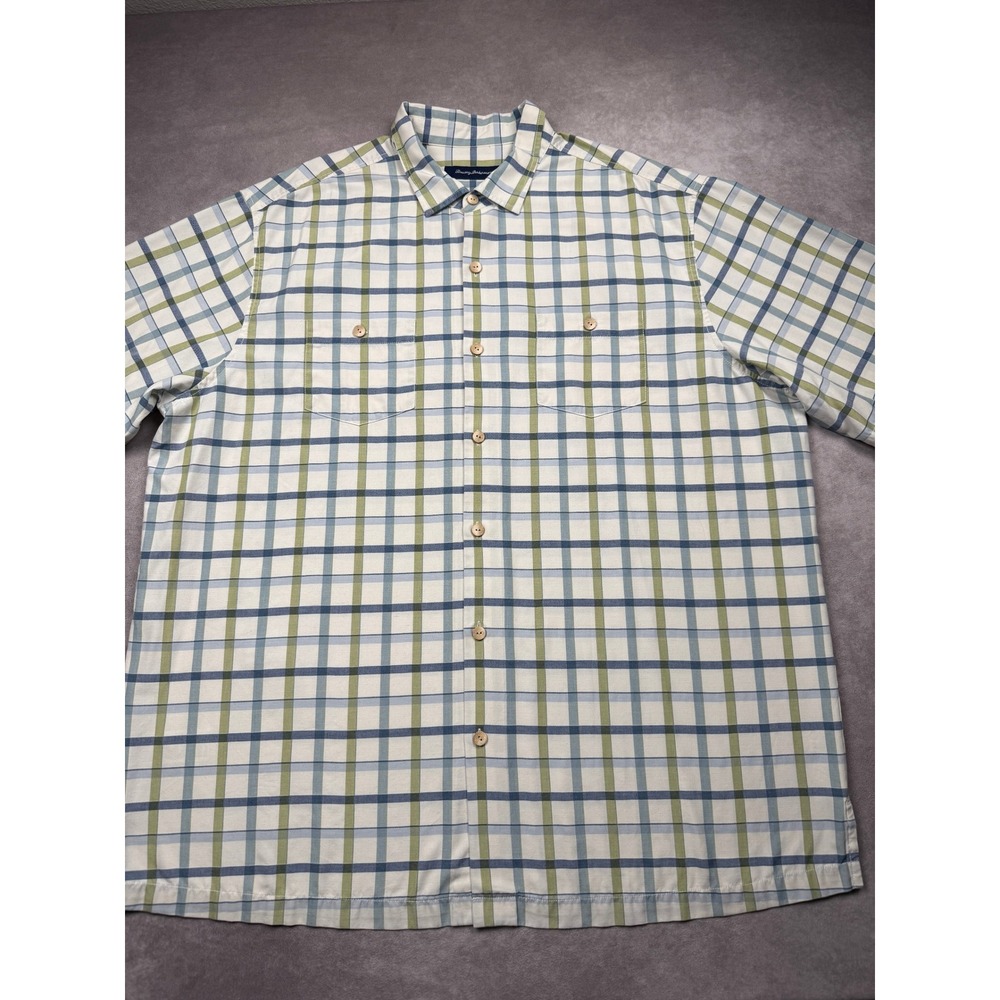 Tommy Bahama Mens 2XT Silk Blend Plaid Short Sleeve Button Shirt Blue Green Prep